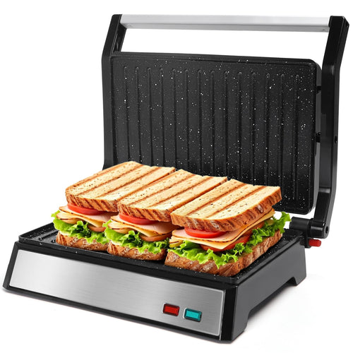 Appareil à panini Aigostar 1200 W avec plaque de cuisson électrique et gril d'intérieur. Plaques en céramique antiadhésives, ouverture à 180° pour s'adapter à toutes les tailles d'aliments. Surface en acier inoxydable et bac récupérateur de graisse amovib