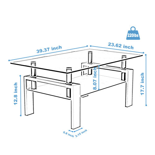 Table basse rectangulaire en verre et noyer, table basse transparente, table d'appoint moderne pour salon