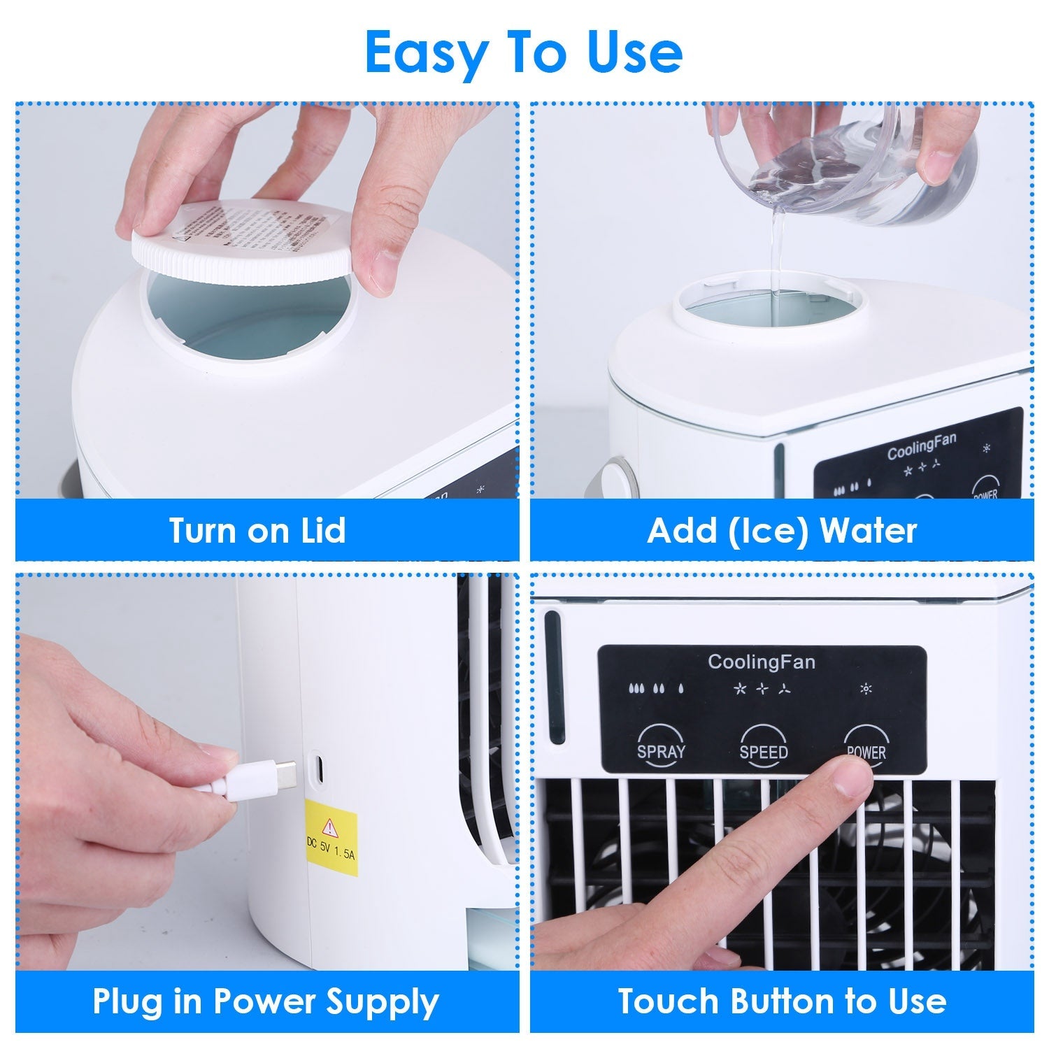 Ventilateur climatiseur portable avec humidificateur par évaporation et brumisateur à 3 vitesses