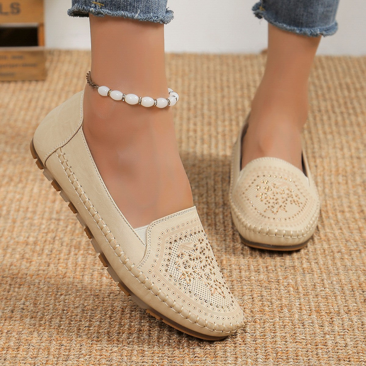 Chaussures décontractées pour femmes en gommino, couleur unie, cousues à la main