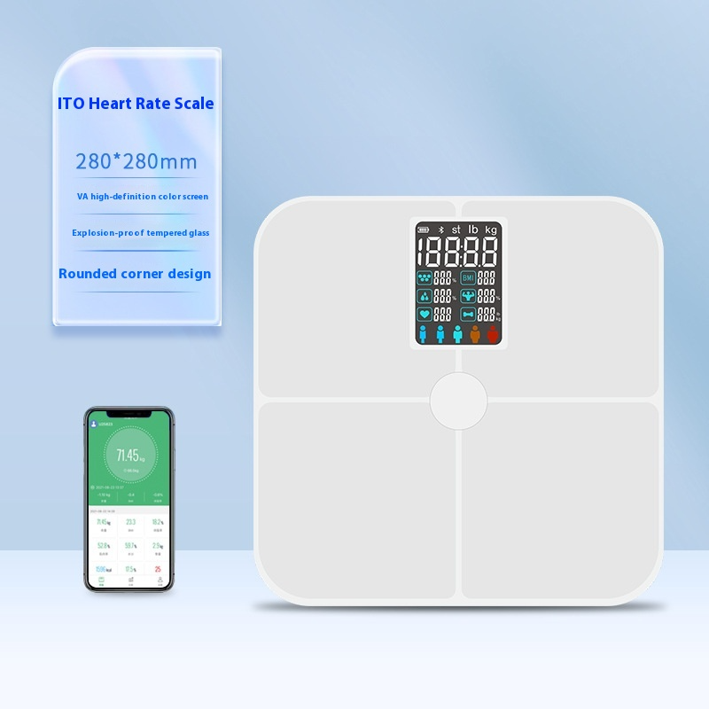 Balance électronique intelligente à écran couleur VA avec mesure précise de la fréquence cardiaque et du taux de masse grasse.