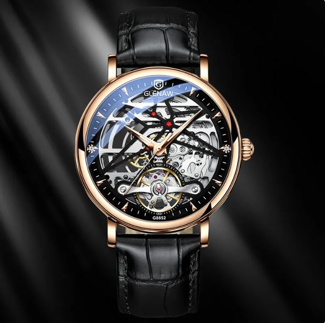 Montre Glenn Genuine pour homme, automatique, mécanique creuse