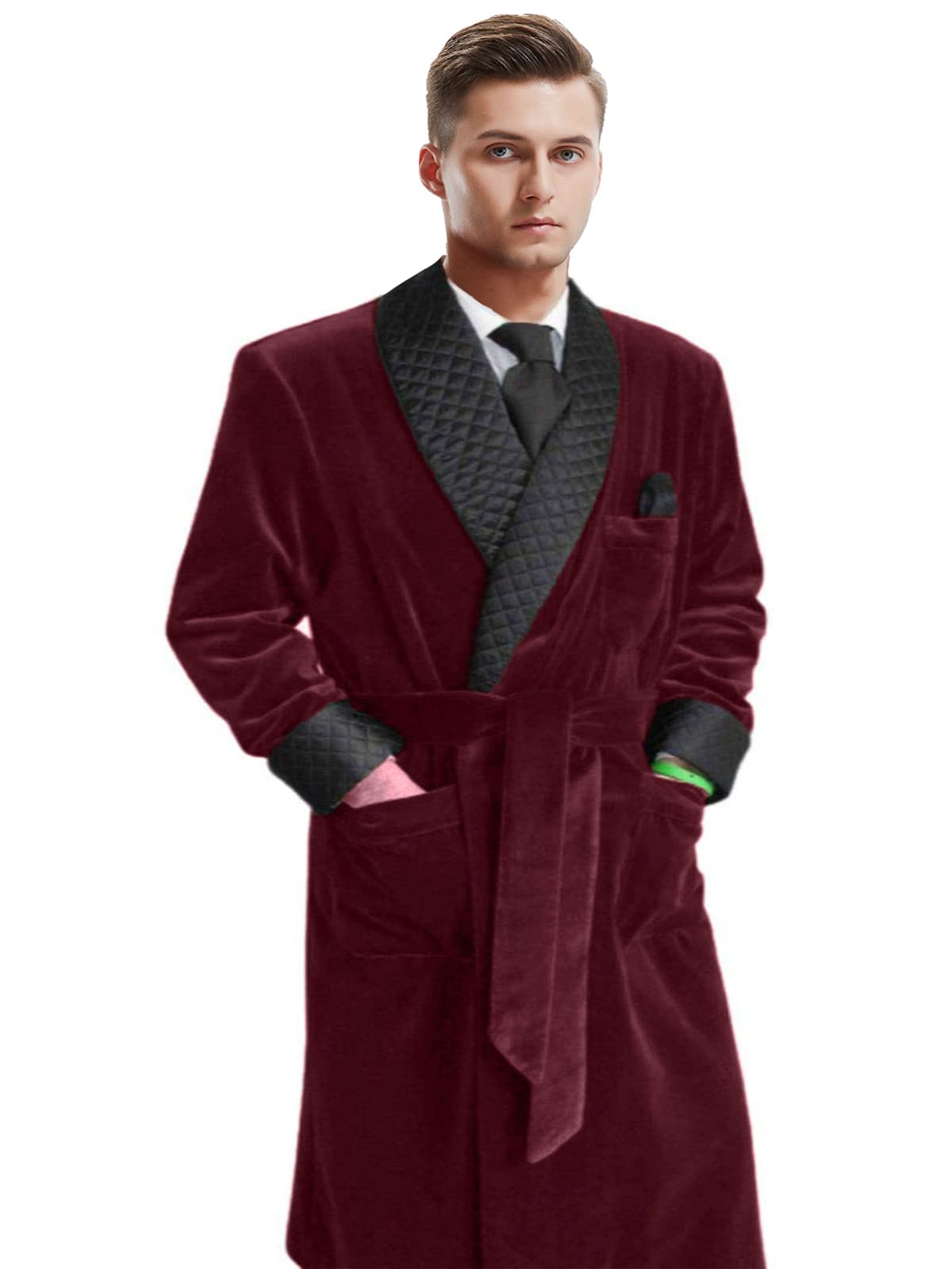 Veste de smoking longue en velours pour homme avec ceinture, revers châle, peignoir matelassé (Rouge vin 42R)