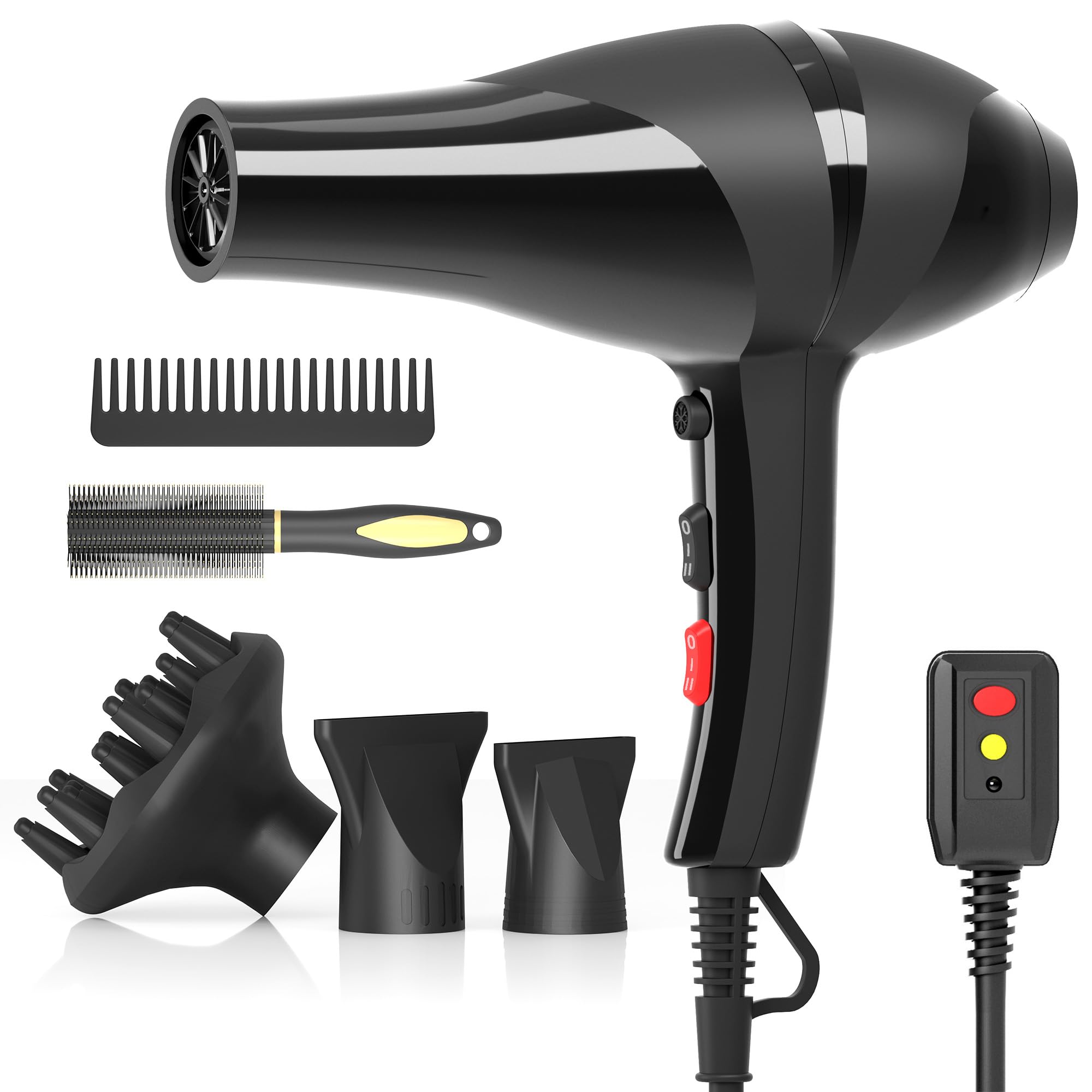 Sèche-cheveux ionique professionnel Conhaze avec diffuseur pour cheveux bouclés. 2400 W, séchage rapide et puissant. Convient aux femmes et aux hommes, pour une utilisation à domicile ou en salon. Température constante et fonctionnement silencieux.