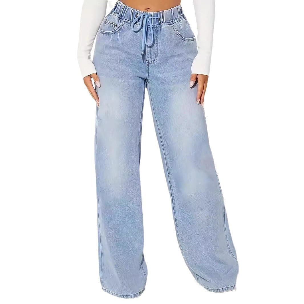 Jean taille haute à cordon de serrage et jambes larges – Édition 25 – Bleu clair