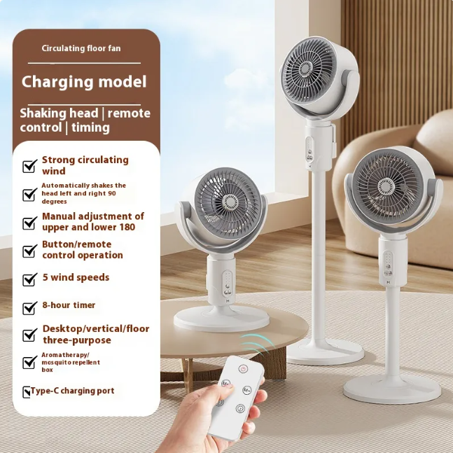 Ventilateur circulateur d'air avec télécommande et oscillation 3D, rechargeable par USB