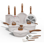 Ensemble de casseroles et poêles JEETEE, revêtement antiadhésif blanc granit, compatible induction, 13 pièces, comprenant poêle à frire, casserole, sauteuse, poêle à tamagoyaki, poêle à œufs et casseroles. Sans PFOA.