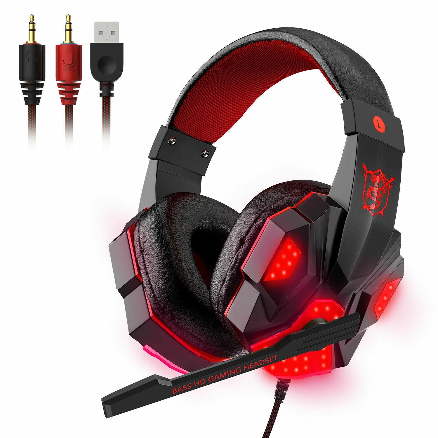 Casque de jeu 3,5 mm avec micro, LED et basses surround stéréo pour PC, PS4 et Xbox One