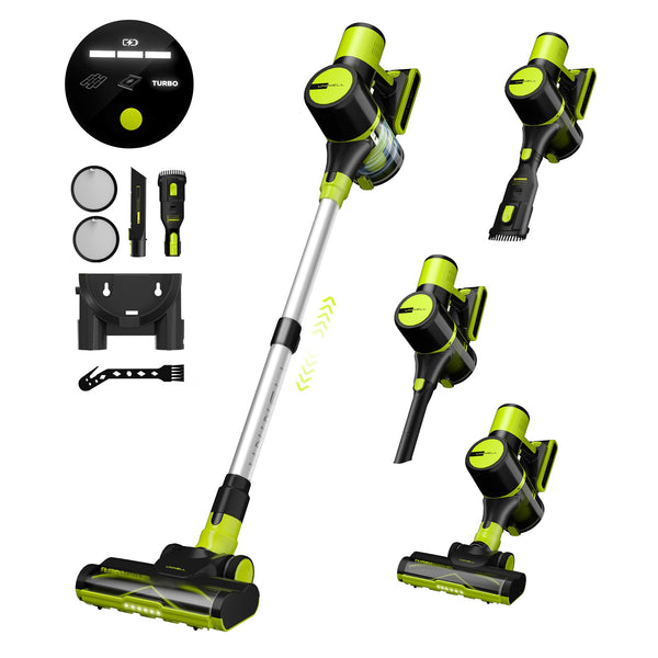 Aspirateur balai sans fil 45 kPa, autonomie de 55 minutes, rechargeable, avec support mural autoportant et système anti-enchevêtrement. Idéal pour les poils d'animaux et les tapis.