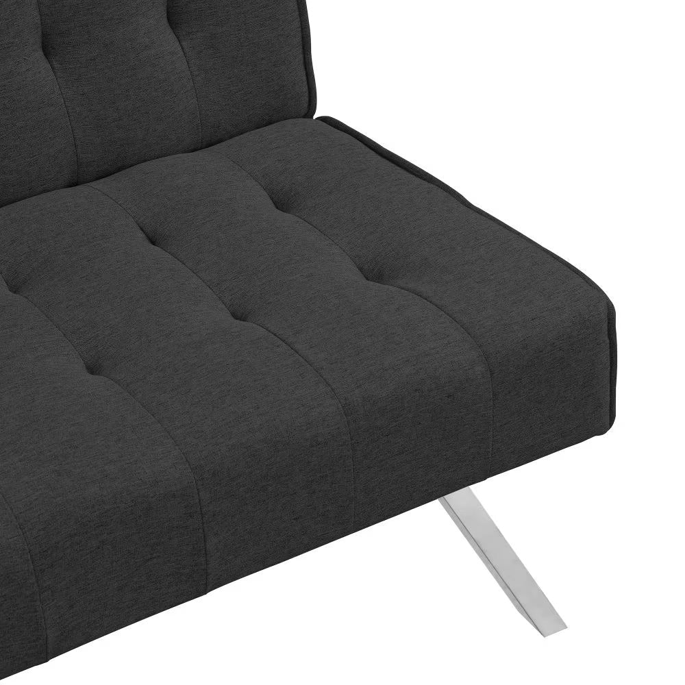 FUTON, CANAPÉ-LIT NOIR, STRUCTURE EN BOIS, PIEDS EN INOX