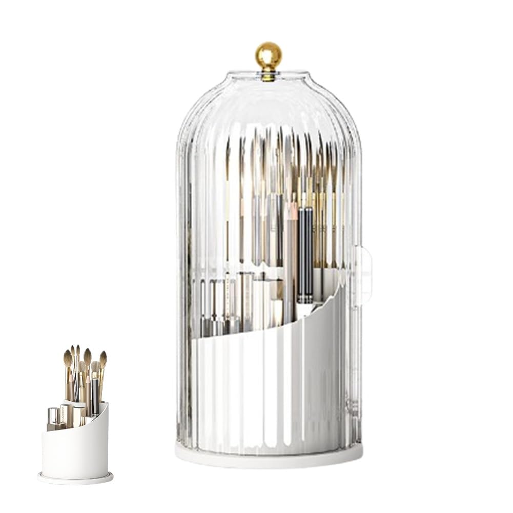 Porte-brosse à dents dissimulé avec couvercle, organisateur de brosse à dents et de pinceaux de maquillage, porte-pinceaux de maquillage rotatif à 360°, étanche et anti-poussière, pour coiffeuse (blanc transparent).
