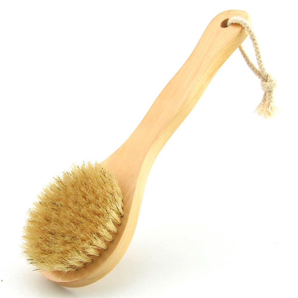 Brosse pour le corps HiKin 25 cm (9,84 pouces), manche court en bois, poils naturels, brosse pour le dos et le bain.