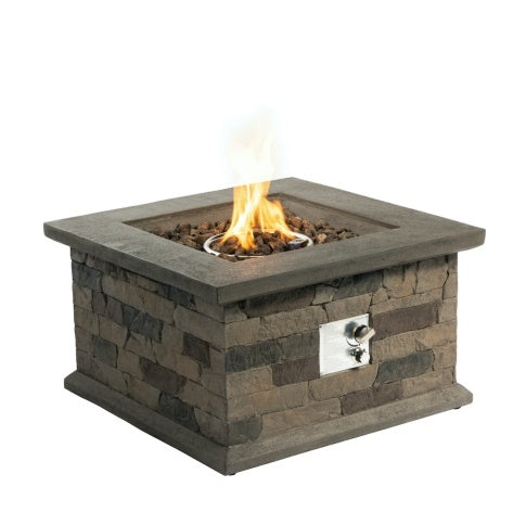 Foyer extérieur au propane de 71 cm (28 po) de côté, en béton imitation pierre, avec pierres de lave et housse de protection contre la pluie. Foyer au gaz sans fumée de 40 000 BTU pour patio, jardin, terrasse ou cour arrière.