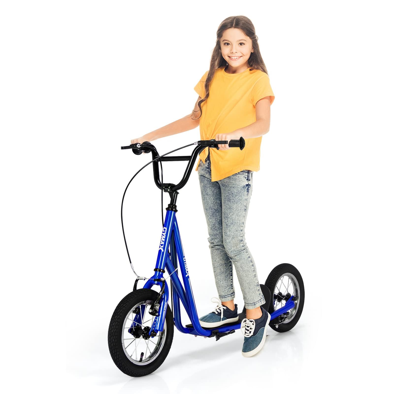 Trottinette GYMAX pour enfants avec freins à étrier avant et arrière, roues gonflables de 12 pouces et repose-pieds d'essieu, hauteur réglable, tout-terrain, pré-assemblée, pour jeunes et adultes de 8 ans et plus (bleue)