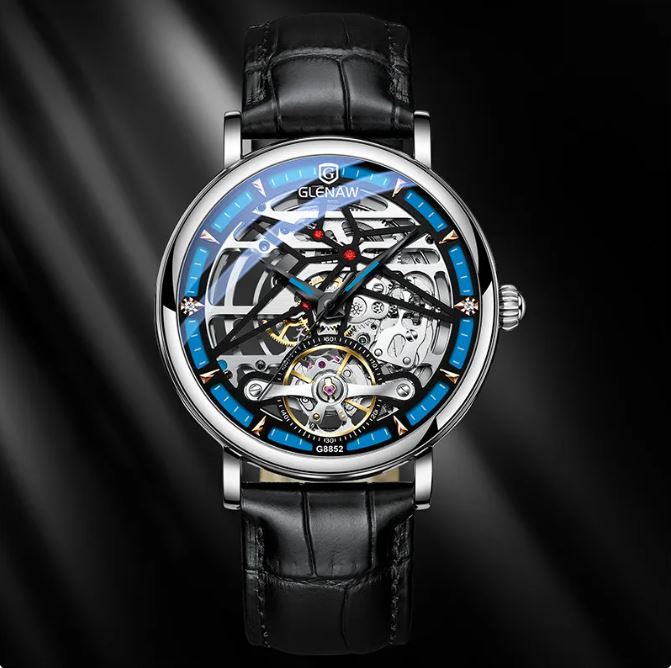 Montre Glenn Genuine pour homme, automatique, mécanique creuse