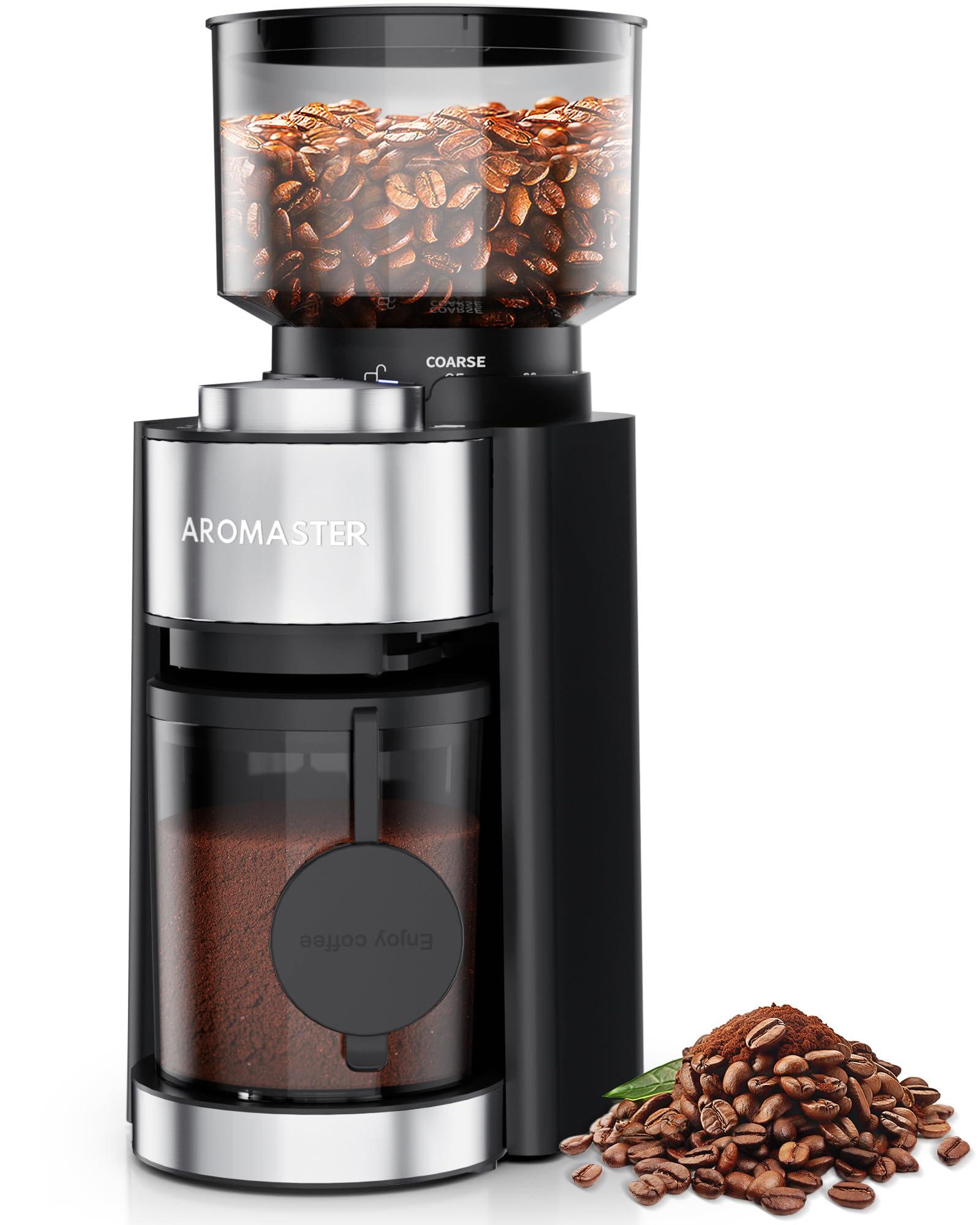 Moulin à café à meules Aromaster, moulin à grains de café avec 25 réglages de mouture, minuterie pour 2 à 12 tasses, moulin à café conique pour usage domestique, porte-filtre à 3 oreilles, brosse de nettoyage, noir