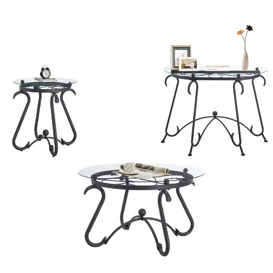 Ensemble de 2 tables basses en verre trempé avec table basse décorative et table d'appoint ronde