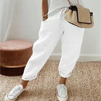 Pantalon décontracté uni en coton et lin pour femme