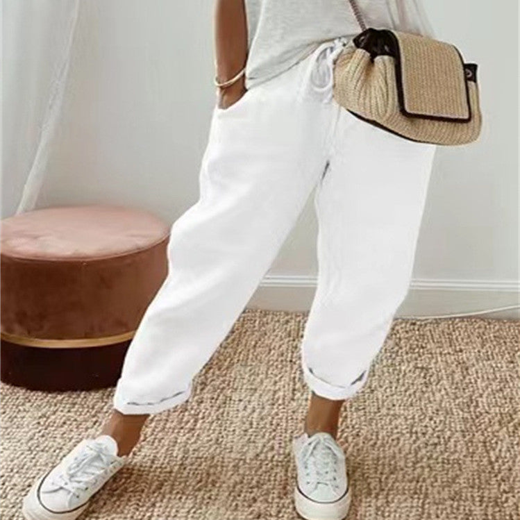 Pantalon décontracté uni en coton et lin pour femme