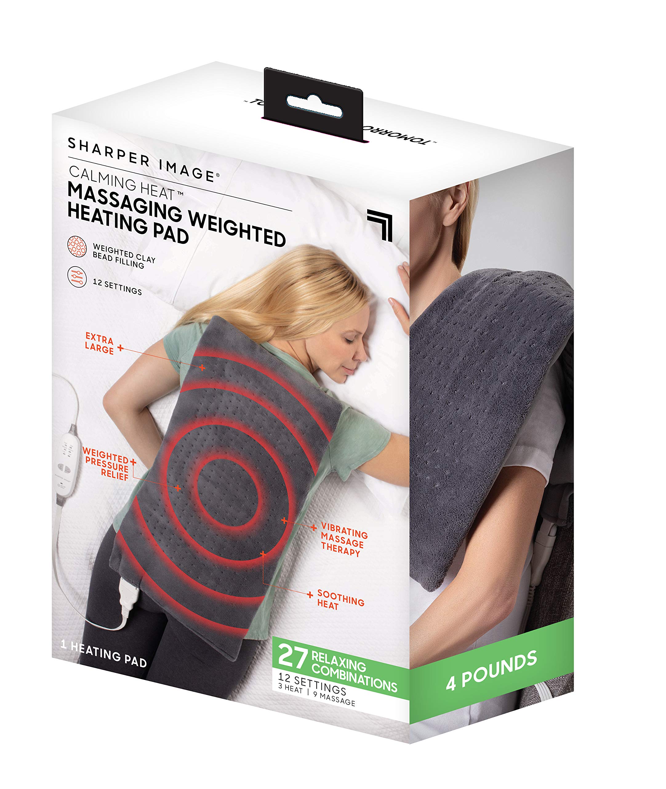 Coussin chauffant massant et apaisant de Sharper Image - Coussin chauffant électrique avec vibrations massantes, arrêt automatique, 12 réglages - 3 niveaux de chaleur, 9 niveaux de massage - 27 combinaisons relaxantes, 30,5 cm x 61 cm, 1,8 kg