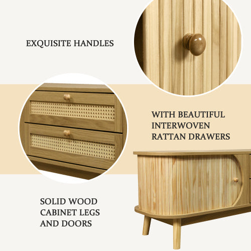 Meuble TV en rotin pour téléviseurs jusqu'à 75 pouces, style ferme moderne, console multimédia avec pieds en bois massif, meuble TV pour salon ou home cinéma.