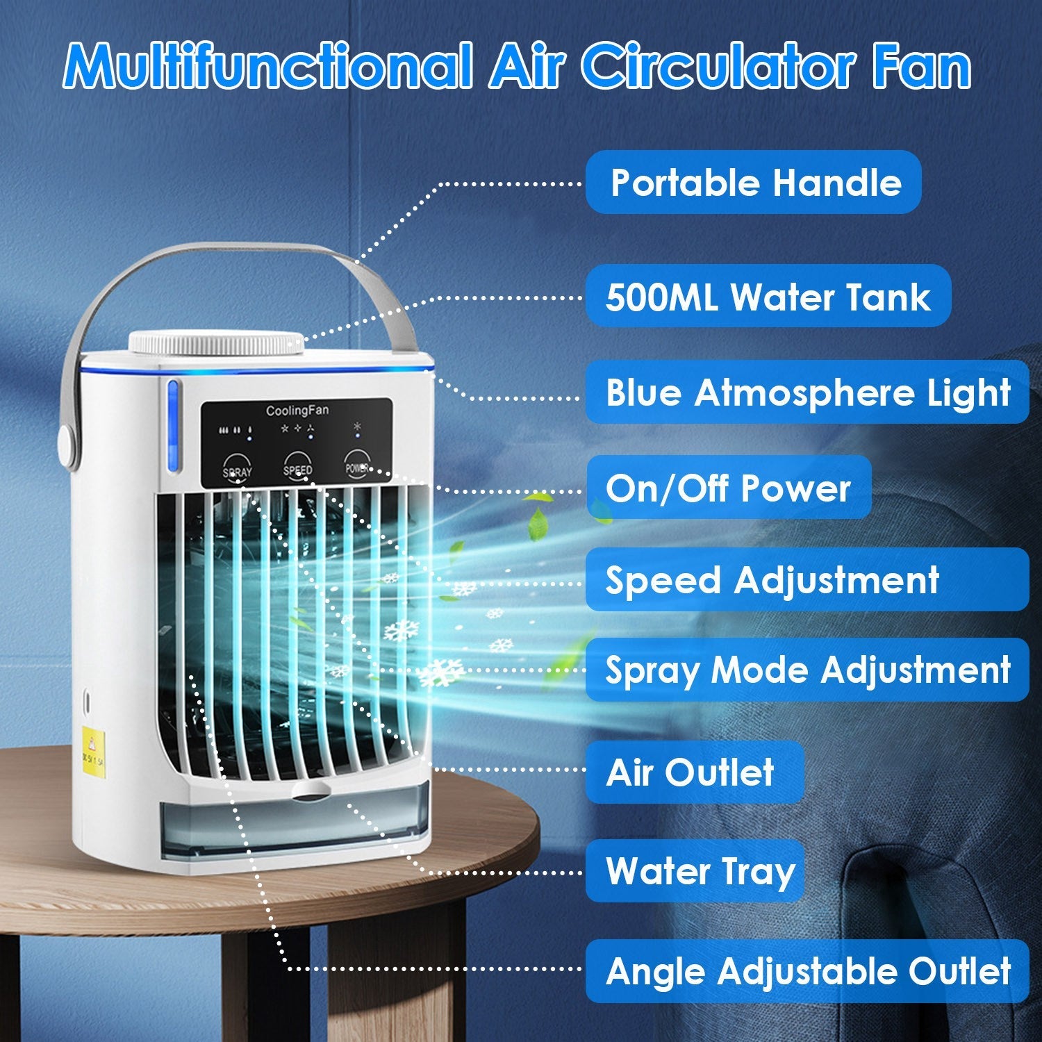Ventilateur climatiseur portable avec humidificateur par évaporation et brumisateur à 3 vitesses