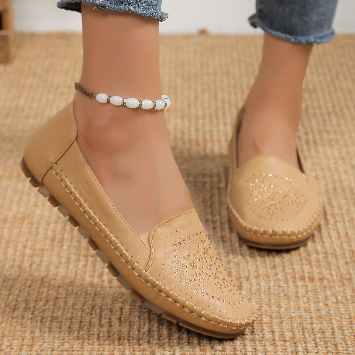 Chaussures décontractées pour femmes en gommino, couleur unie, cousues à la main