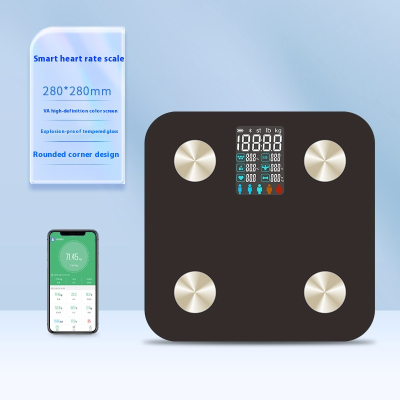 Balance électronique intelligente à écran couleur VA avec mesure précise de la fréquence cardiaque et du taux de masse grasse.