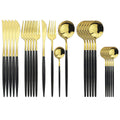 Ensemble de couverts Uniturcky Gold 24 pièces en acier inoxydable poli miroir, manche noir, couteau, fourchette et cuillère, pour 6 personnes. Convient à la maison et au restaurant. Compatible lave-vaisselle.