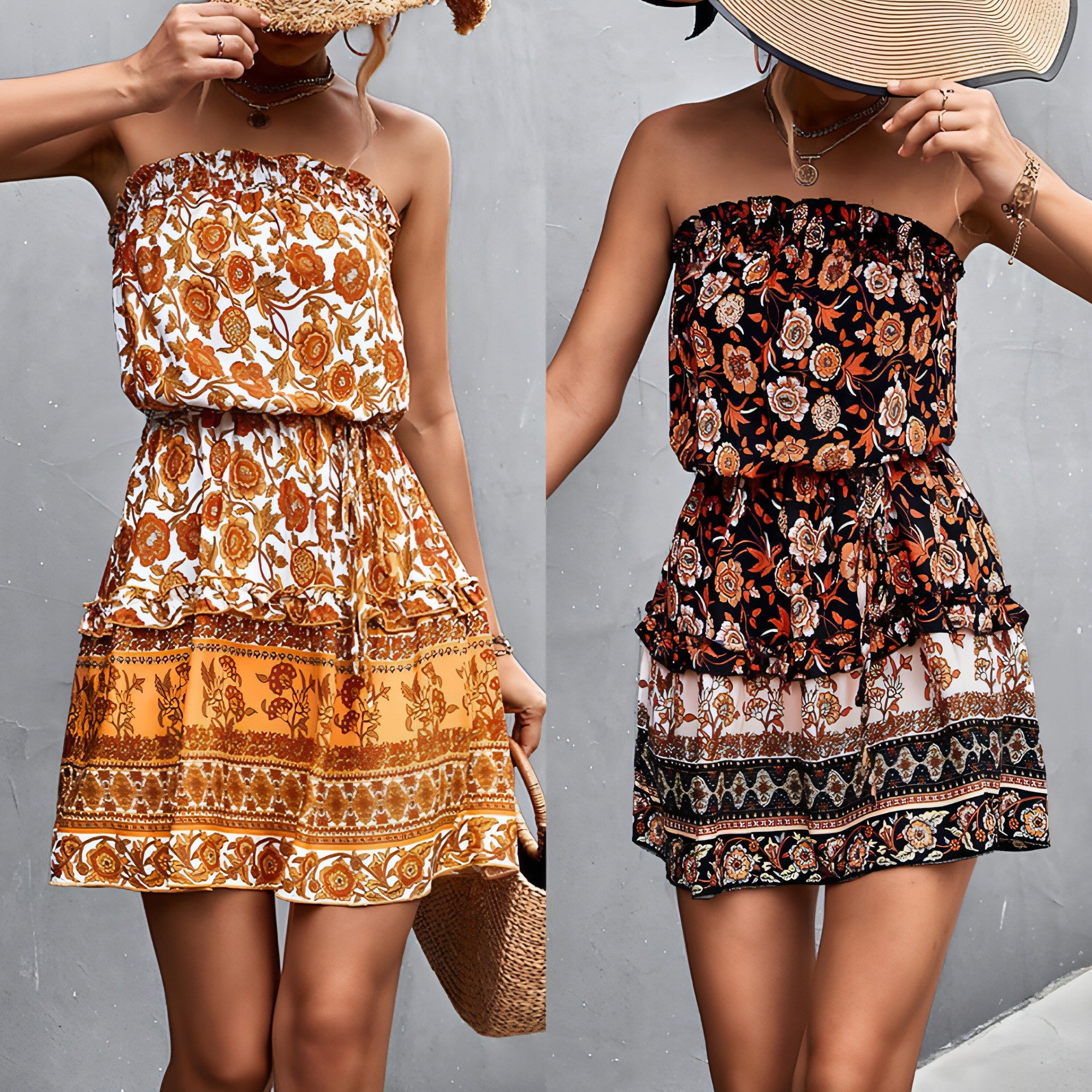 Robe bustier bohème à imprimé floral pour femme, idéale pour l'été et la plage.