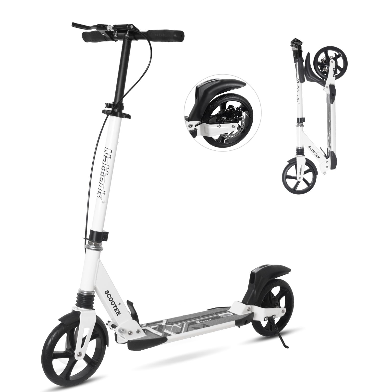 Trottinette Nattork pour adultes et adolescents - Trottinette pliable à hauteur réglable avec grandes roues robustes pour une conduite fluide - Trottinette légère pour adultes avec frein à main et suspension - Blanche