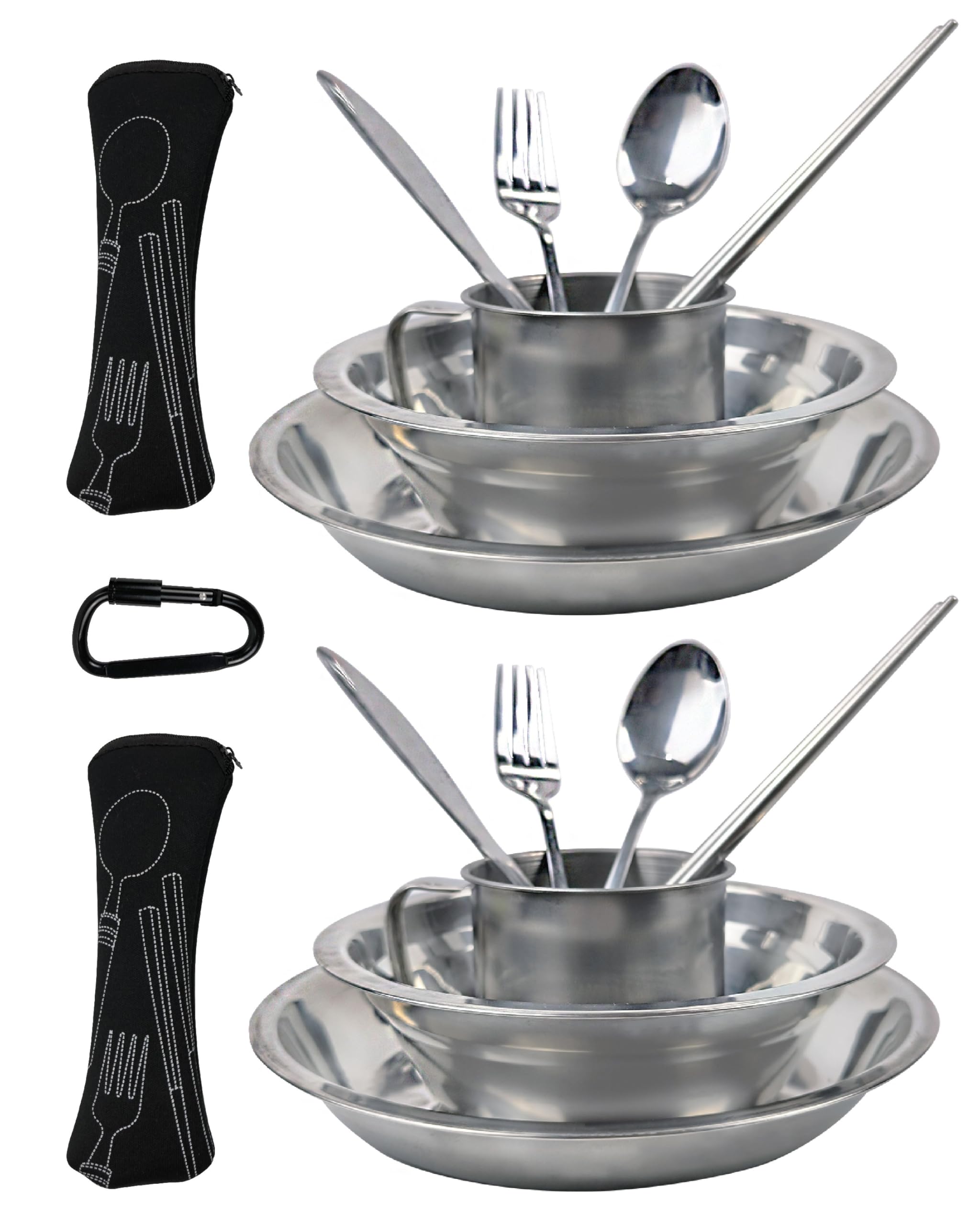 Gamelle pour 2 personnes, ensemble de cuisine de camping, ensemble d'ustensiles de camping, ensemble de pique-nique, ensemble de vaisselle de camping en acier inoxydable, assiette, bol, tasse, ensemble de vaisselle et d'ustensiles pour une personne, kit d