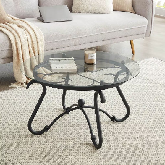 Ensemble de 2 tables basses en verre trempé avec table basse décorative et table d'appoint ronde