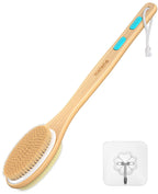 Brosse de douche Metene avec poils souples et rigides, exfoliant corporel double face à long manche pour le dos, utilisable sur peau sèche ou mouillée.