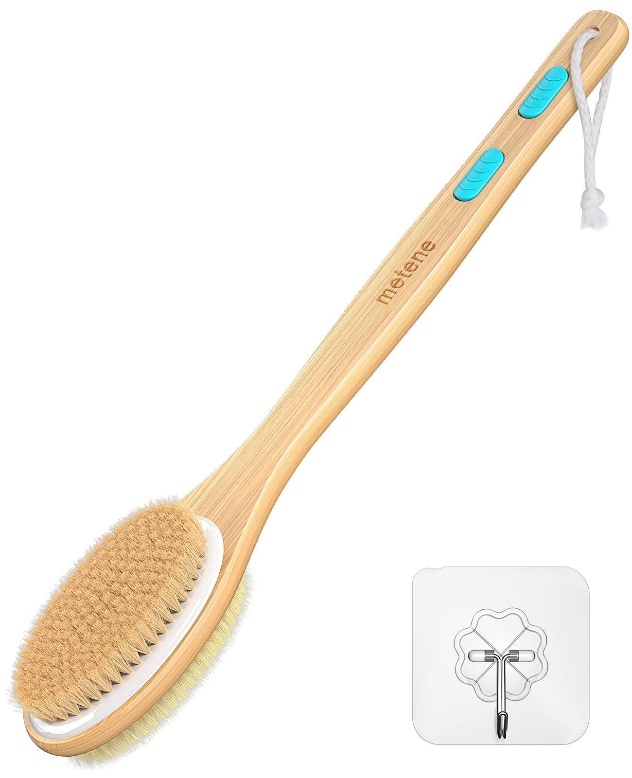 Brosse de douche Metene avec poils souples et rigides, exfoliant corporel double face à long manche pour le dos, utilisable sur peau sèche ou mouillée.