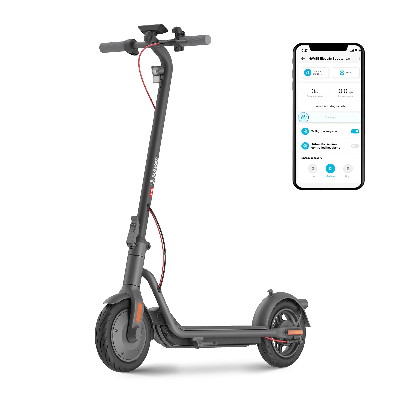 Trottinette électrique NAVEE V25600W, moteur de puissance maximale 30 km/h et 25 km d'autonomie, pneus de 25 cm, pliable et légère, cadeau idéal pour les étudiants et les passionnés de trottinette.