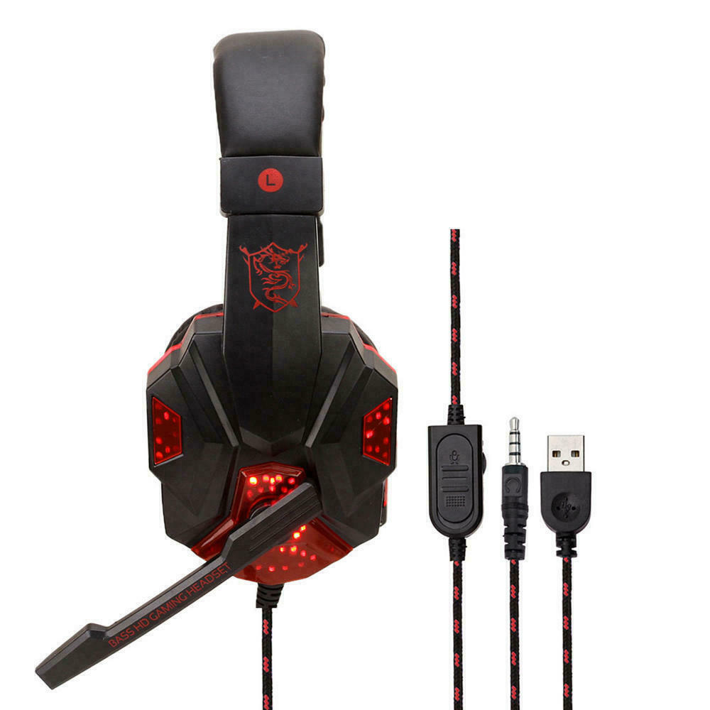 Casque de jeu 3,5 mm avec micro, LED et basses surround stéréo pour PC, PS4 et Xbox One