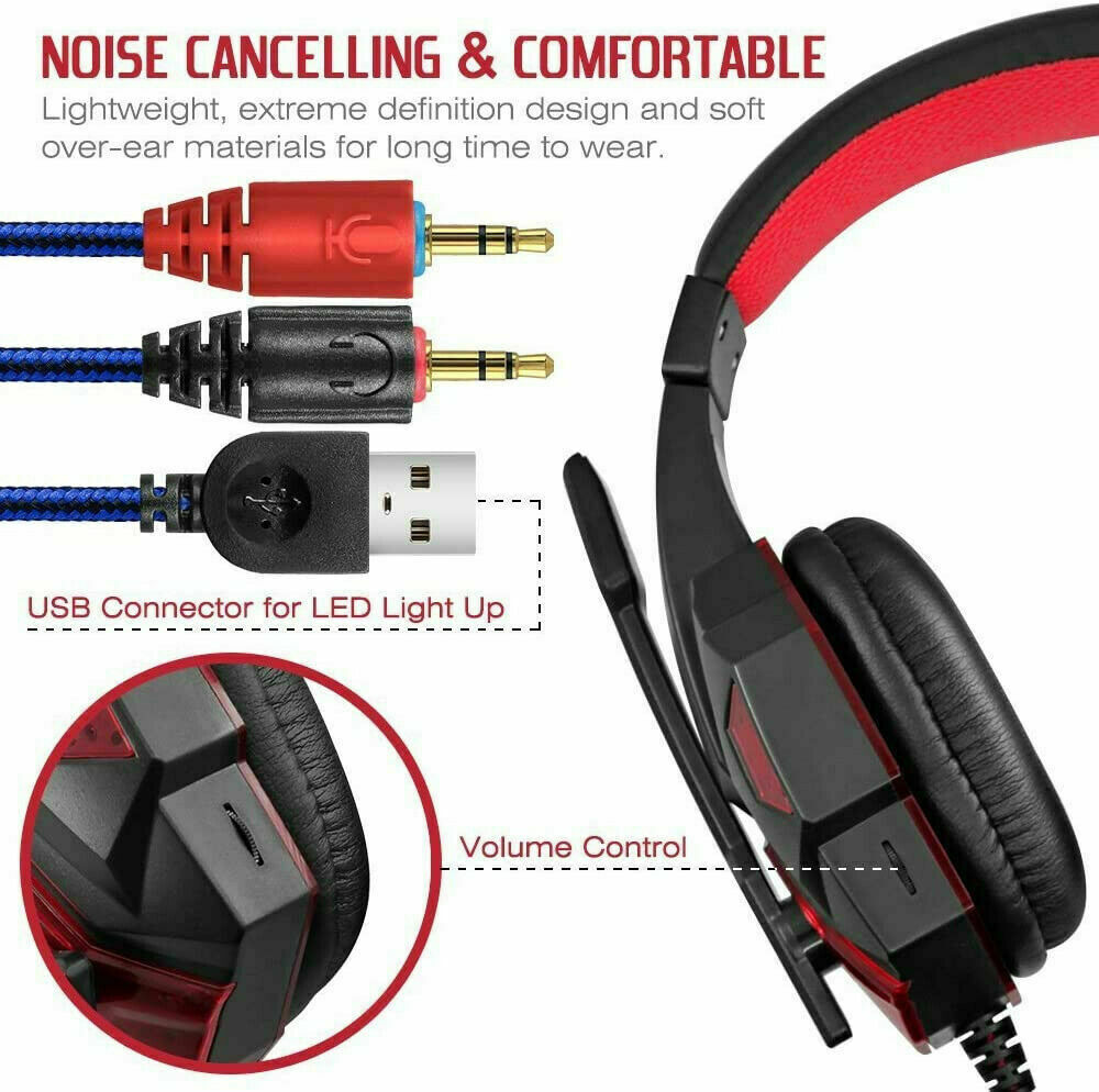 Casque de jeu 3,5 mm avec micro, LED et basses surround stéréo pour PC, PS4 et Xbox One