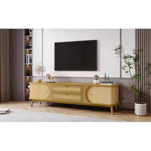 Meuble TV en rotin pour téléviseurs jusqu'à 75 pouces, style ferme moderne, console multimédia avec pieds en bois massif, meuble TV pour salon ou home cinéma.