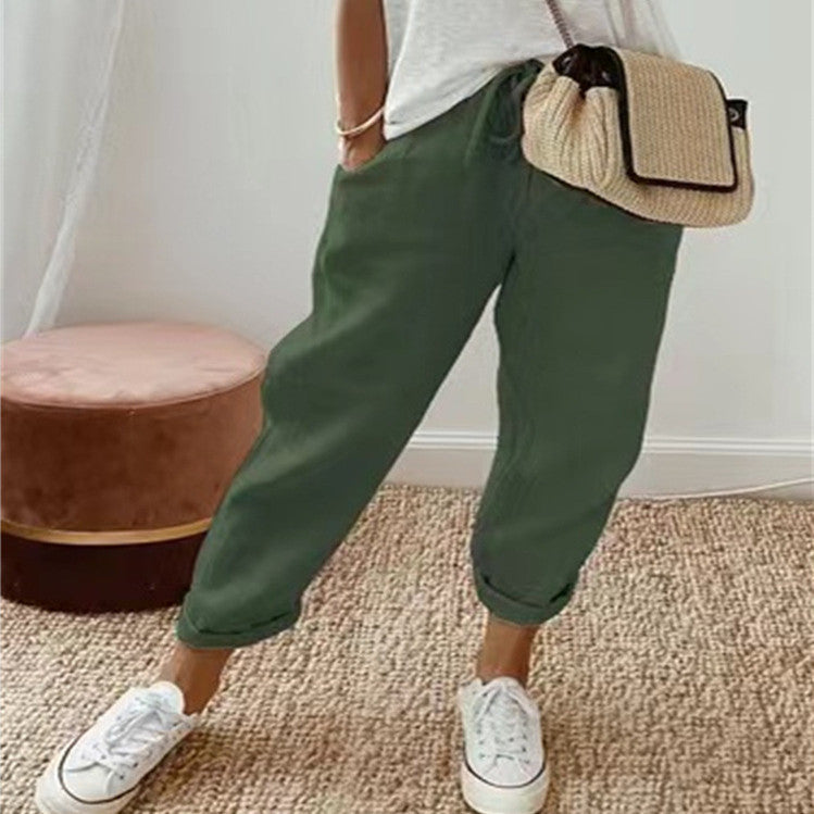 Pantalon décontracté uni en coton et lin pour femme
