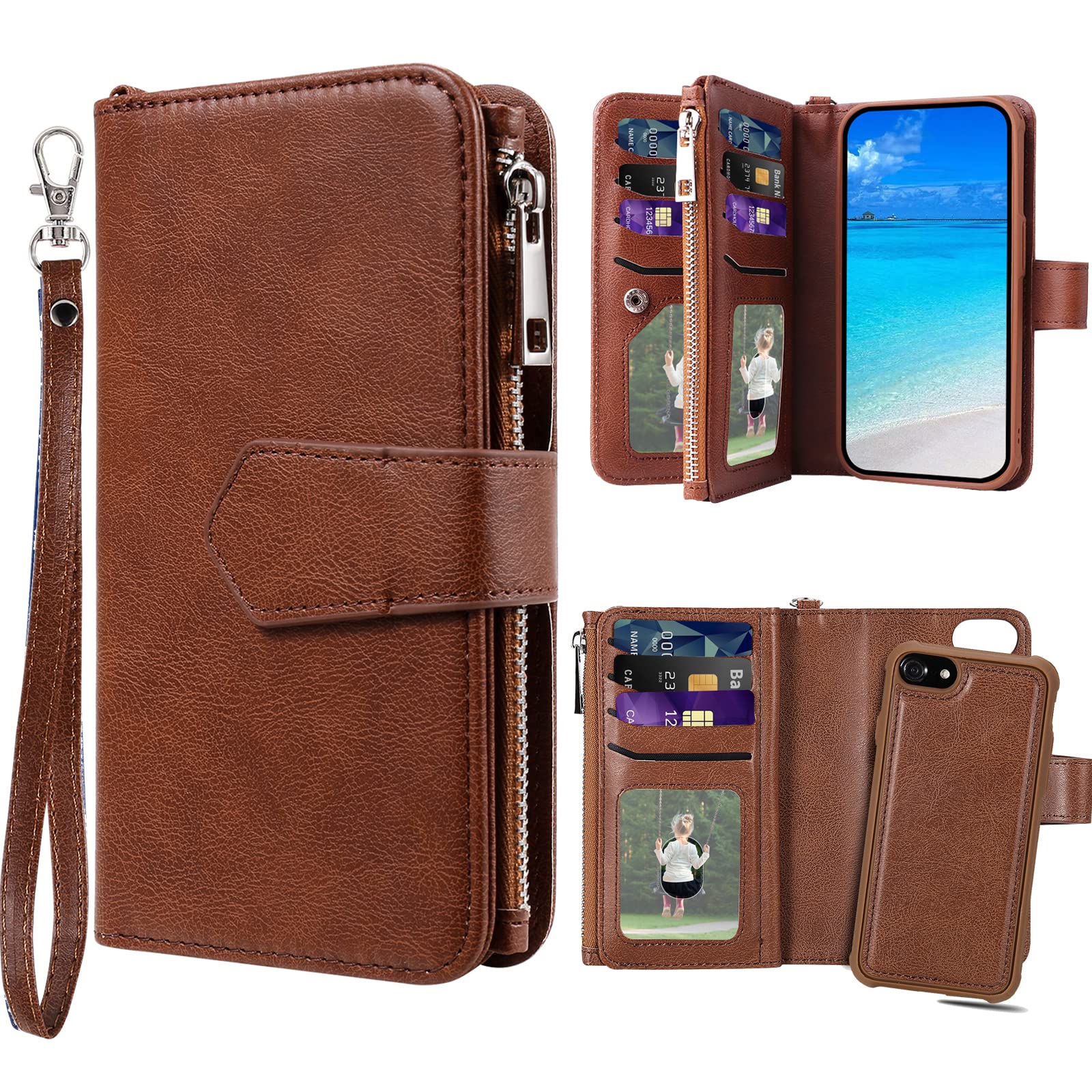 Étui JZASES pour iPhone SE 2022 / iPhone SE 2020 / iPhone 8 / iPhone 7 / iPhone 6 : étui magnétique détachable 2 en 1, antichoc, à rabat, en cuir PU avec emplacement pour carte, marron.
