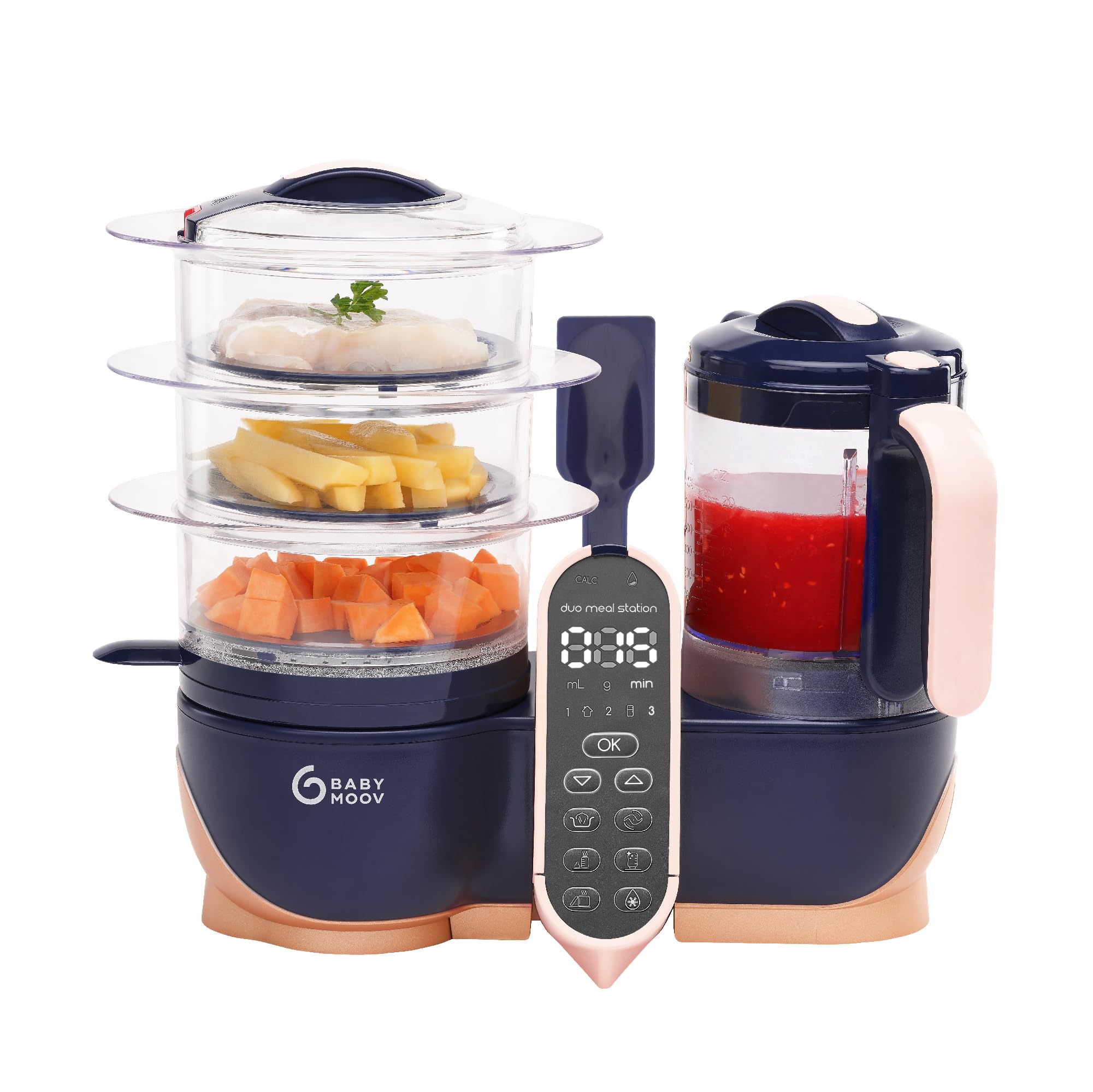 Babymoov Duo Meal Station XL Robot culinaire 6 en 1 avec cuiseur vapeur, blender multi-vitesses, chauffe-plats, décongeleur et stérilisateur (Approuvé par des nutritionnistes) rose