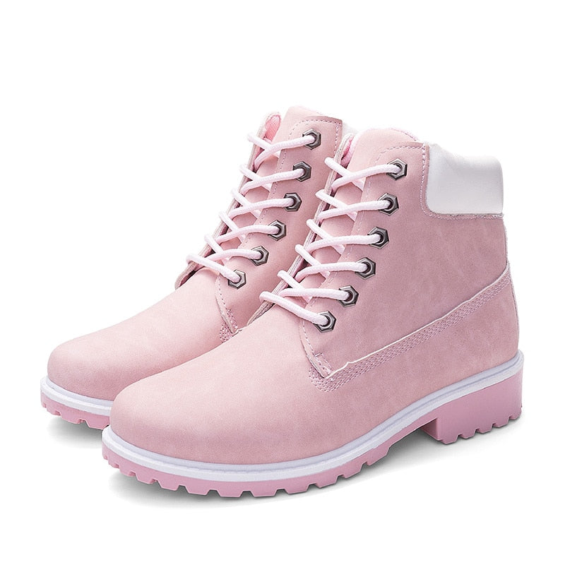 Bottines Martin roses en cuir PU pour femmes, chaussures plates à la cheville