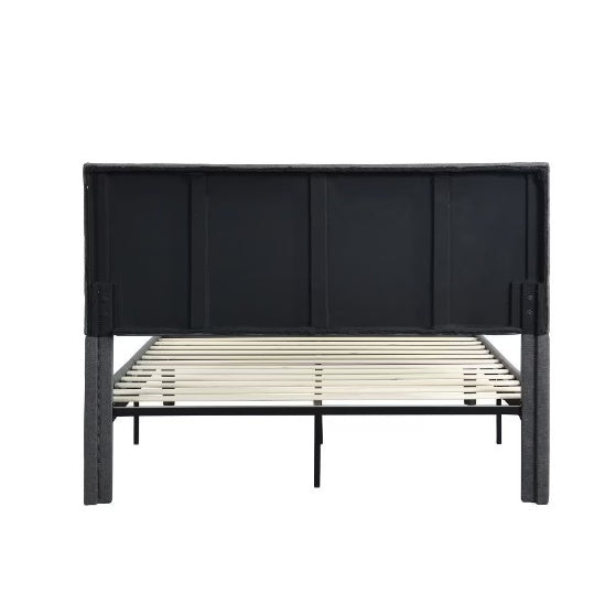 Cadre de lit plateforme rembourré Queen-size, soutenu par des barres en bois, facile à assembler, gris