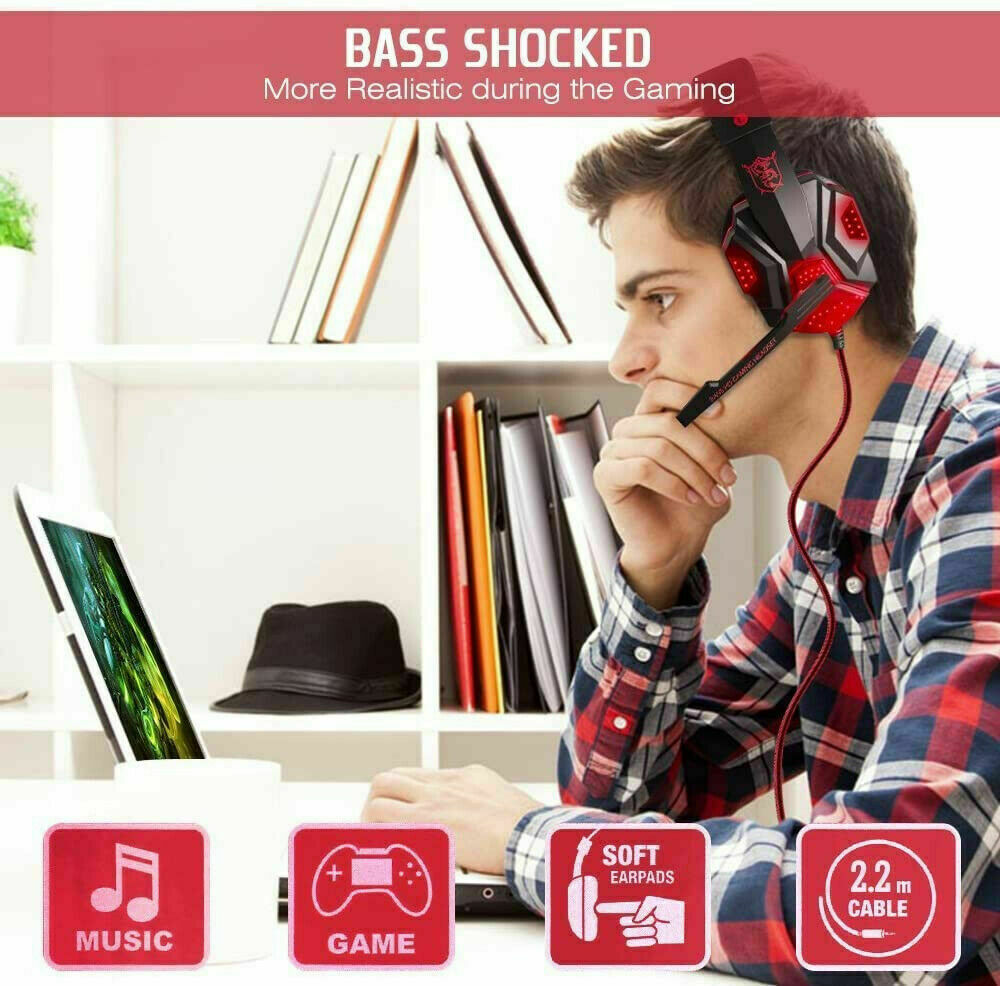 Casque de jeu 3,5 mm avec micro, LED et basses surround stéréo pour PC, PS4 et Xbox One