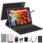 Tablette Android 2025, dernière version, 10 pouces, Android 13, avec clavier, 128 Go de ROM, 16 Go de RAM, extension TF jusqu'à 1 To, processeur octocœur, 5G, Wi-Fi, écran Full HD 1080p, double caméra 13 MP + 8 MP, Bluetooth 5.0, GPS, souris et étui noir.