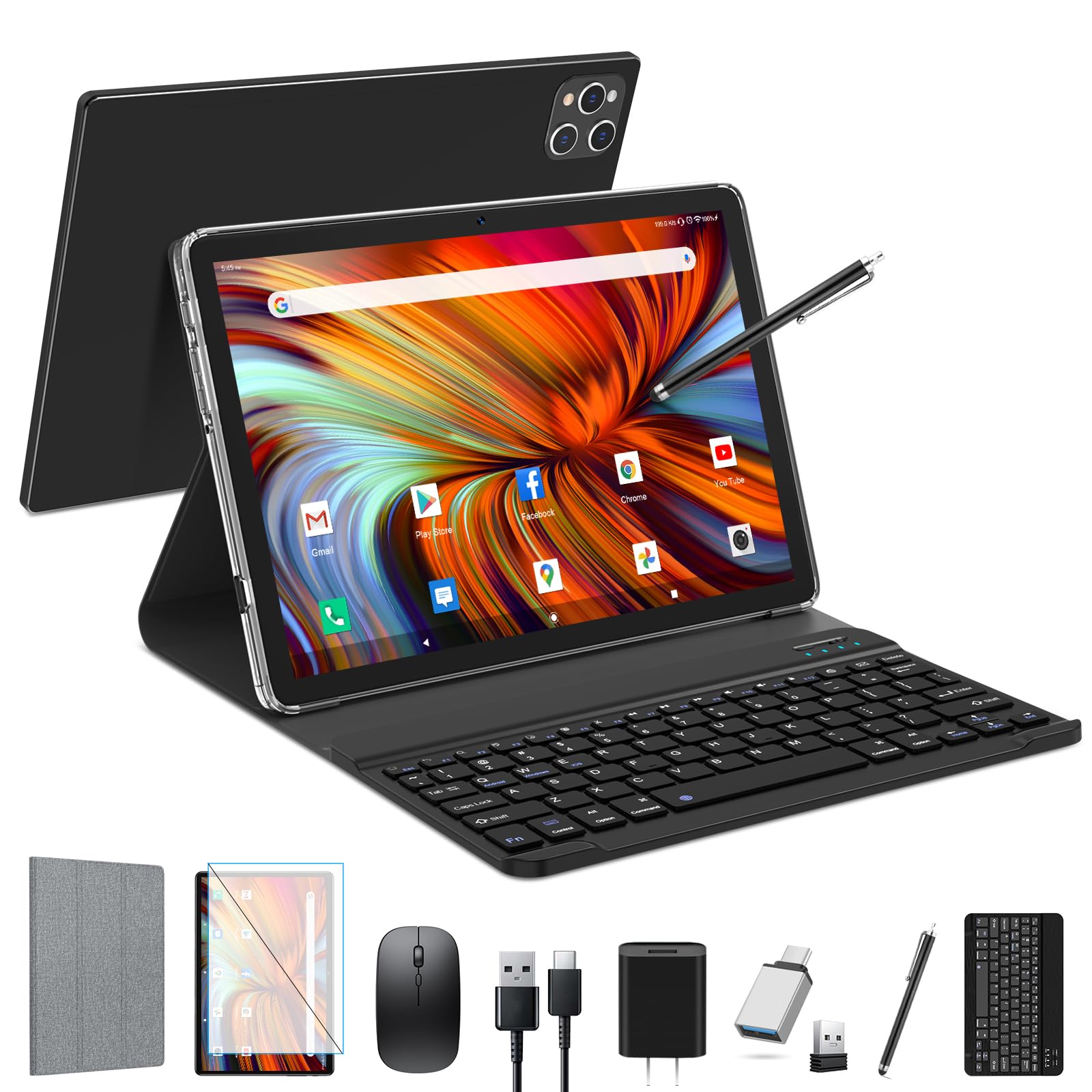 Tablette Android 2025, dernière version, 10 pouces, Android 13, avec clavier, 128 Go de ROM, 16 Go de RAM, extension TF jusqu'à 1 To, processeur octocœur, 5G, Wi-Fi, écran Full HD 1080p, double caméra 13 MP + 8 MP, Bluetooth 5.0, GPS, souris et étui noir.