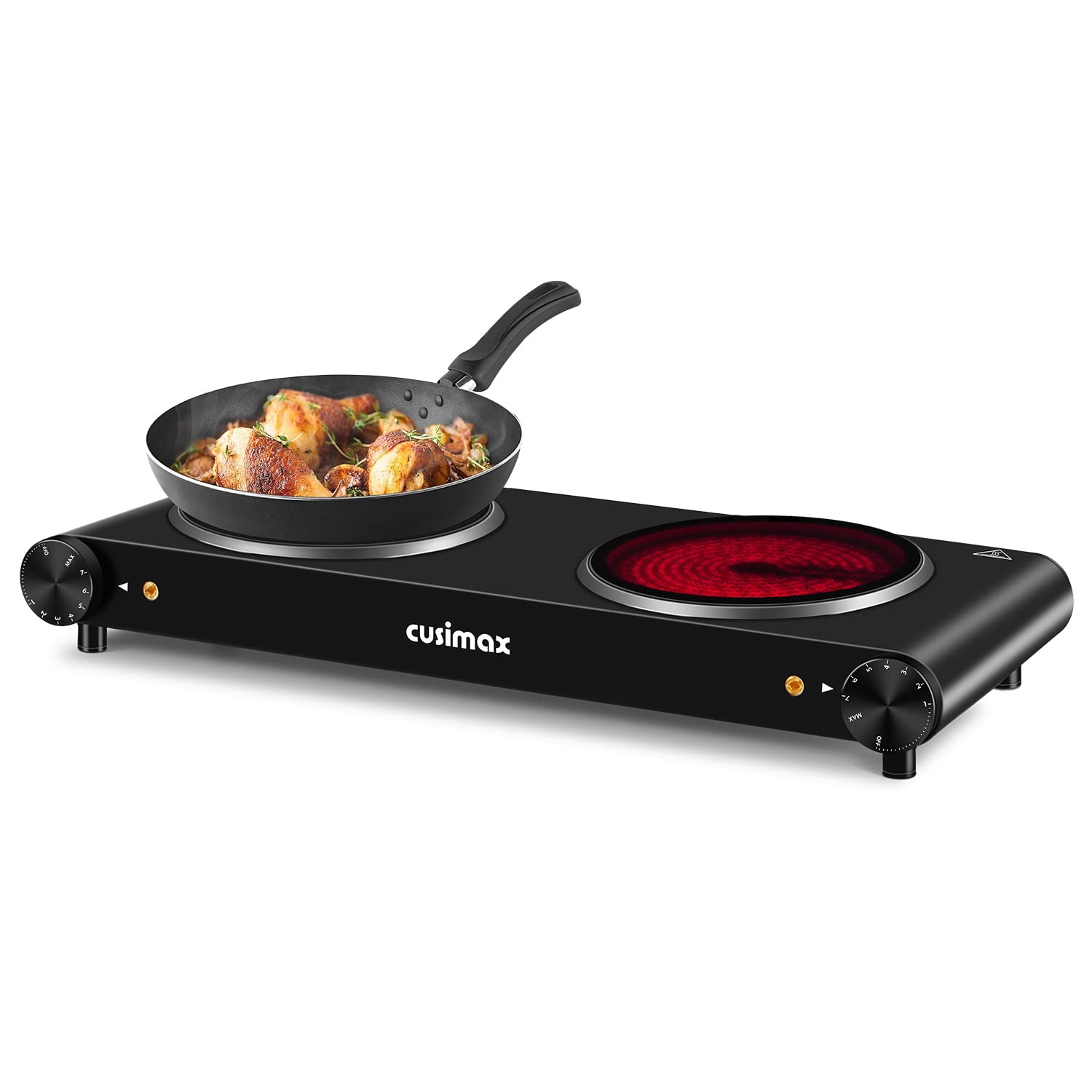 Plaque de cuisson électrique CUSIMAX à double brûleur 1800 W en céramique avec double commande infrarouge et revêtement en verre. Version améliorée en acier inoxydable.