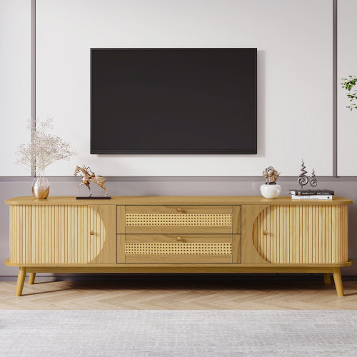 Meuble TV en rotin pour téléviseurs jusqu'à 75 pouces, style ferme moderne, console multimédia avec pieds en bois massif, meuble TV pour salon ou home cinéma.
