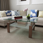 Table basse rectangulaire en verre et noyer, table basse transparente, table d'appoint moderne pour salon